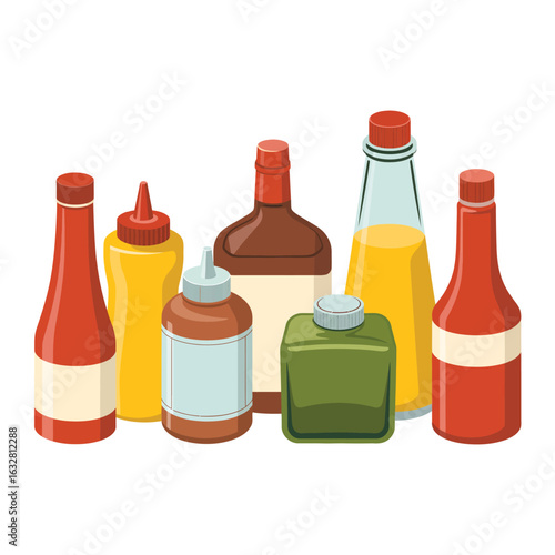 Assortment of condiment bottles and sauces on white background