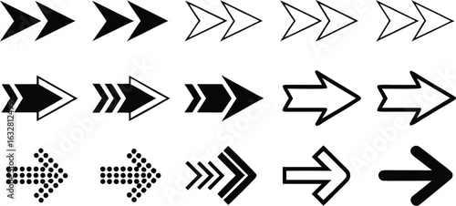 Diverse Collection of Arrow Icons Representing Navigation Direction and Forward Movement in Black and White Vector Format