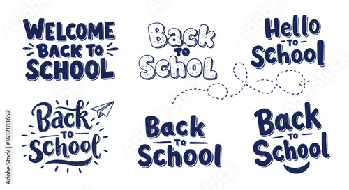 Welcoming students back to school with an assortment of festive handwritten lettering designs celebrating the start of a new academic year with educational themes and school supplies