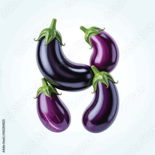 Four shiny purple eggplants arranged in a letter h shape