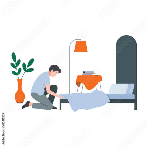 Man kneeling by bed packing suitcase for travel or moving