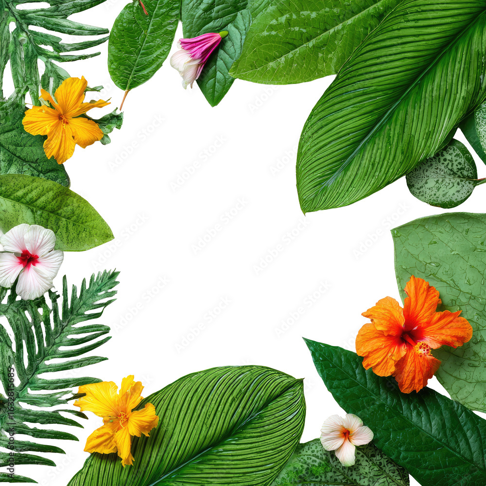 Fototapeta premium Tropical floral frame with vibrant flowers and lush leaves surrounding a black center