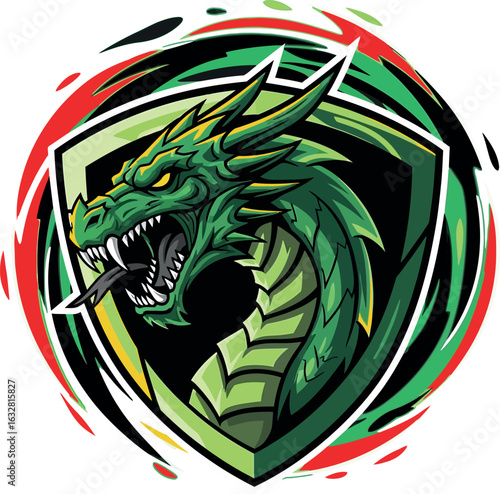 Fierce Green Dragon Head with Sharp Teeth and Spikes.