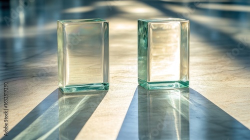 Two clear glass blocks casting dramatic shadows in the sunlight