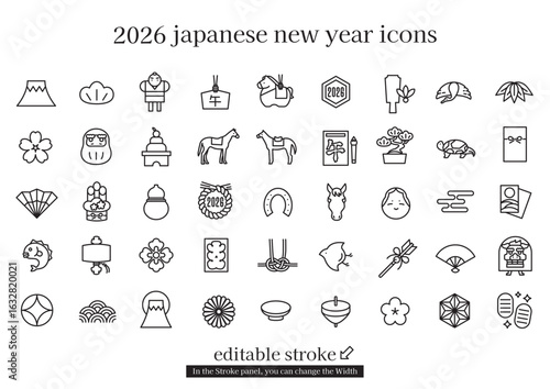 日本の正月アイコンセット　2026年午年 (編集可能なストローク)