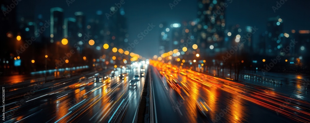 Fototapeta premium Blurred Traffic Lights Illuminate a City Street at Night