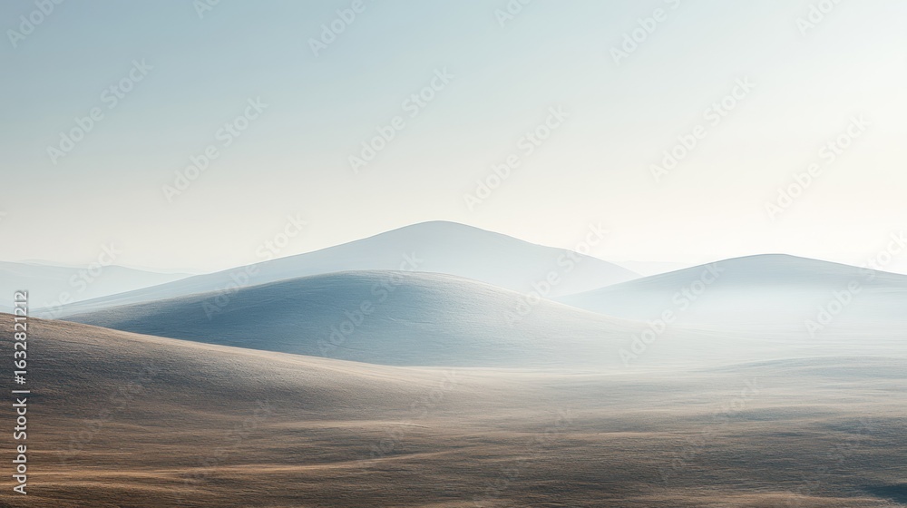 Fototapeta premium Rolling hills are covered in morning mist and diffused sunlight
