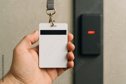 A hand holding a white id card with a black magnetic strip near a card reader with a red light on it