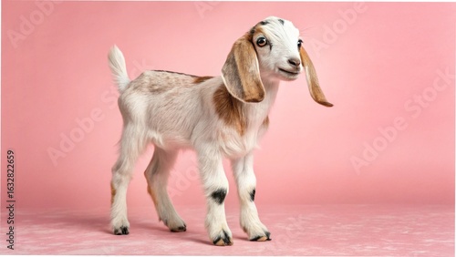 Adorable Anglo Nubian Goat Kid with Long Ears on Pink Background 