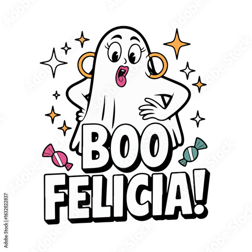 Cartoon ghost with makeup and earrings saying boo felicia isolated on white background