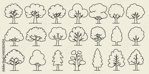 Hand drawn tree icon set with various shapes and outlines, black and white doodle style trees collection for design and decoration

