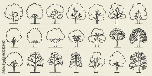 Hand drawn tree icon set with various shapes and outlines, black and white doodle style trees collection for design and decoration

