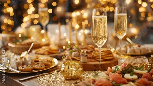 Glamorous New Year's Eve Party Celebration with Champagne, Gourmet Appetizers, Elegant Table Setting, and Festive Decor Featuring Bokeh Lights and Golden Accents