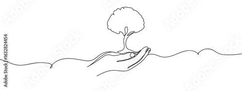 Continuous line vector of hand holding a sapling of a tree in its palm. Love the world. editable stroke.