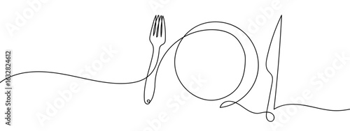 Continuous line vector of empty food plate and fork and knife. Food illustration. Restaurant. editable stroke.