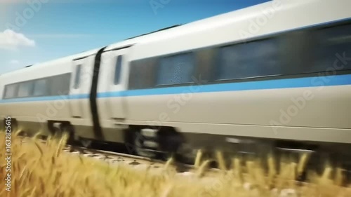 High-speed train moving through golden field under a partly cloudy sky