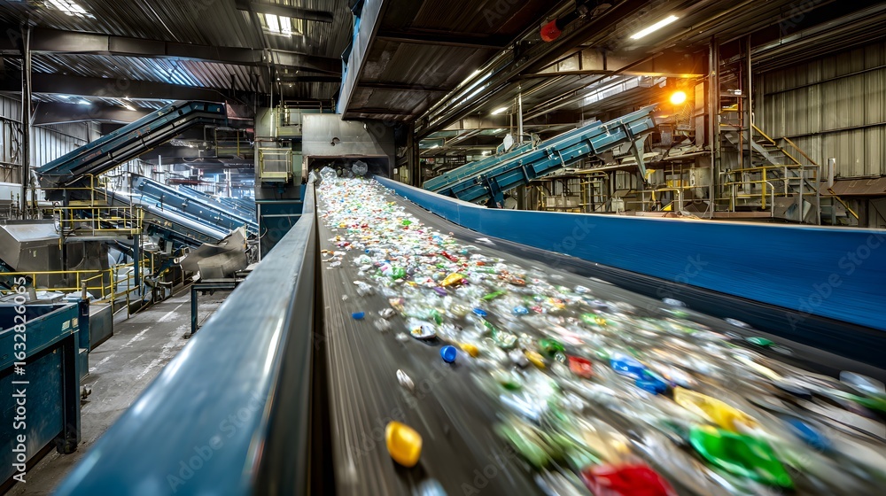 Fototapeta premium Plastic Waste Recycling: Efficient Conveyor Belt Sorting Process in an Industrial Facility for Environmental Sustainability and Pollution Reduction in the Green Industry