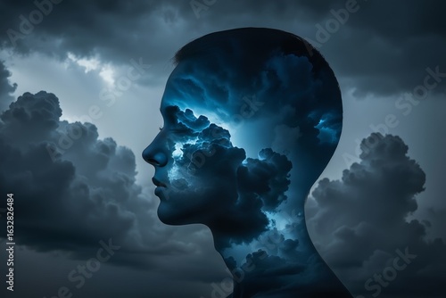 Mental health concept illustration of a head in the clouds stormy weather art