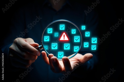 Examining risk management audit compliance with magnifying glass and checklist icons