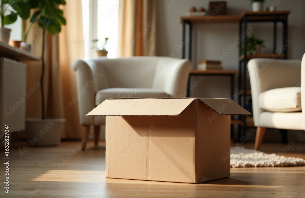 Fototapeta premium A cardboard box placed on a wooden floor in a cozy living room setting