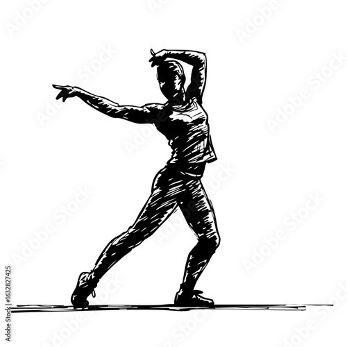Dancing woman in sketch style showcases dance movements with arms extended, dance being her form of expression. Sketch emphasizes motion and rhythm. Dancing woman for artistic representation,