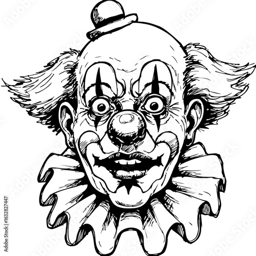 Creepy clown illustration with eerie visage and traditional makeup design. This Creepy clown design evokes a sense of dread and unease, featuring classic white face paint,