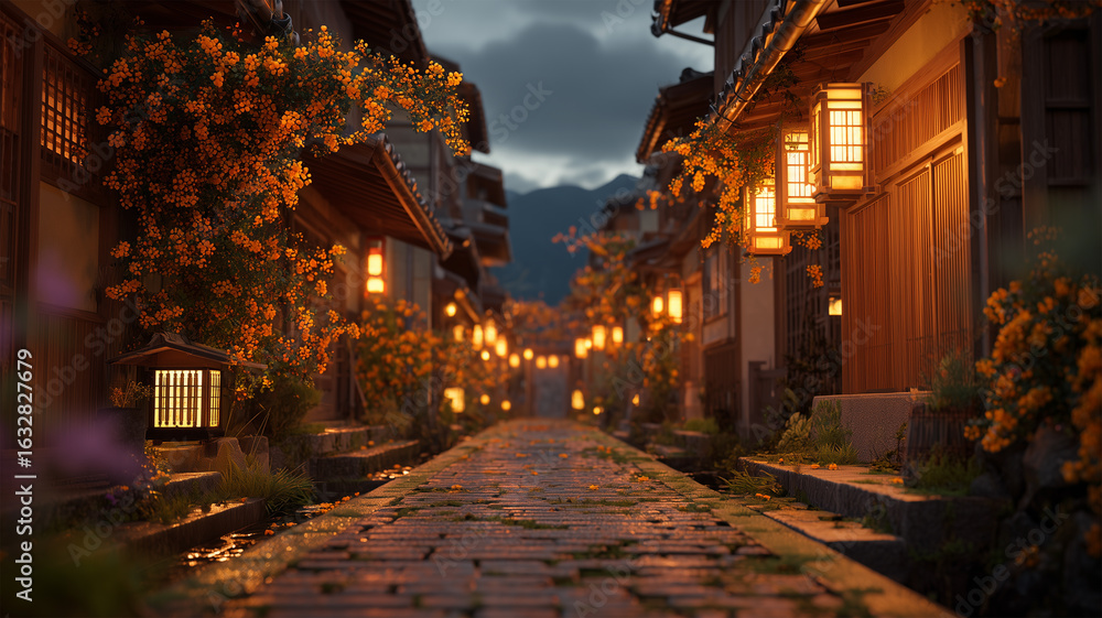 Fototapeta premium 古民家街道に灯る金木犀と温かな夕暮れ情景