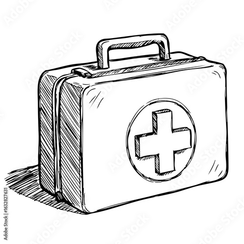 First aid kit sketch on white backdrop for medical supplies. Depicting medical supplies in sketch style, first aid kit showcases necessary assistance.