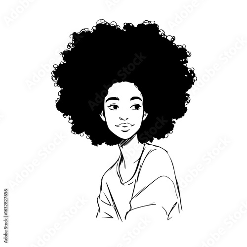 Portrait of woman with afro is presented, showcasing beautiful facial features and textured hairstyle. Afro hairstyle adds unique character, showing natural hair and confident expression.