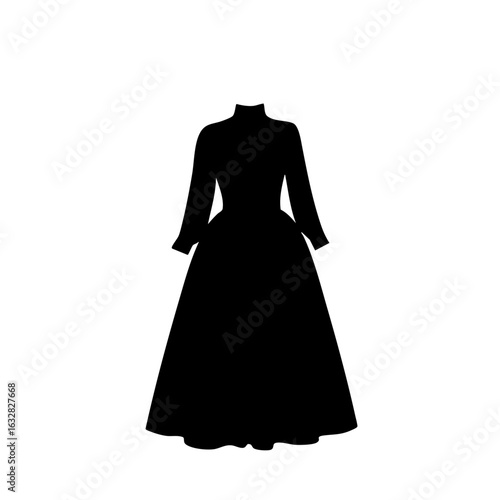 Black dress silhouette, elegant and timeless on white backdrop. Black dress, with its flowing skirt and fitted bodice, captures grace of classic fashion.