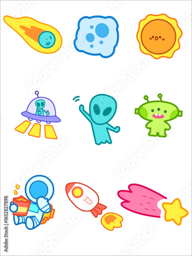 A colorful collection of cute cartoon space icons featuring aliens an astronaut a rocket a UFO a sun a comet and an asteroid. Vector Illustrations