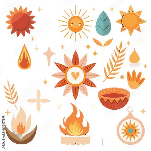 Summer Solstice Vector Set: Sun Icons, Floral Wreaths, Bonfire, Celestial & Folk Elements