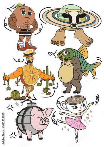 Anomali Italian Brainrot. Muscular anthropomorphic orange character with a mustache flexing its biceps and abs. Vector Illustrations