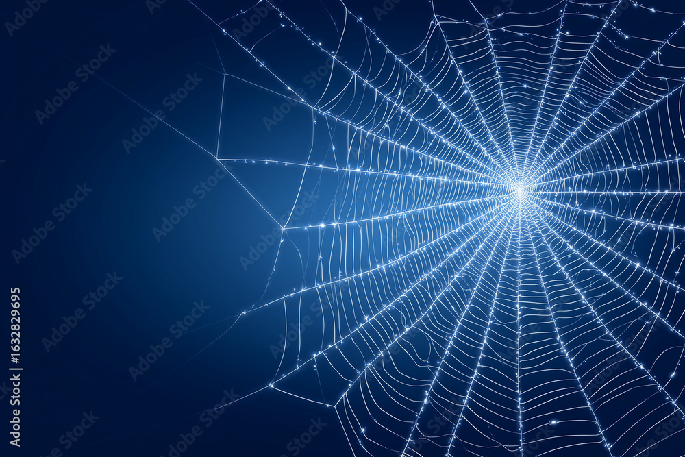 Naklejka premium Web Abstract Glowing Spider Network on Dark Blue