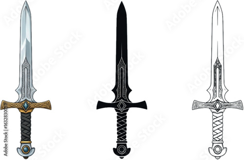 Excalibur Sword in 3 Styles – Color Realism, Silhouette & Line Art | Legendary Medieval Blade Illustration Collection