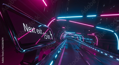 Neon Tunnel With Road Sign Futuristic Abstract Highway At Night