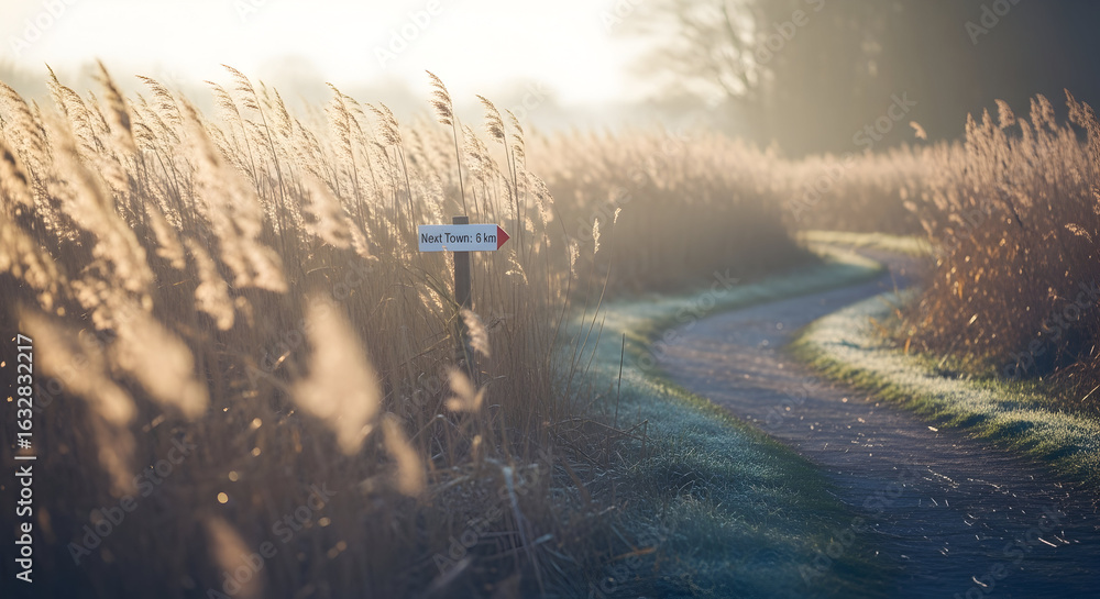 Obraz premium Path Through Tall Grass With Signpost Directing To Next Town At Sunrise