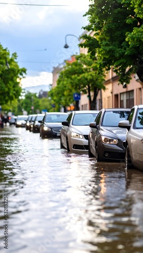 Cars submerged in flooded city street