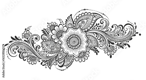 Intricate black and white paisley floral design, elegant swirling patterns, ornate flower centerpiece.