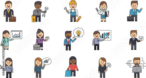 Diverse cartoon people representing various professions and business occupations on a light background