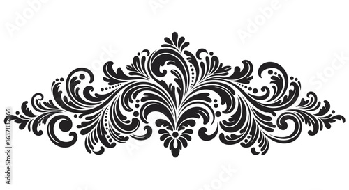 An ornate black and white decorative flourish with intricate swirling patterns and floral-like elements, suggesting elegance and classic design.