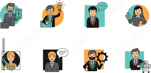 A collection of eight business themed avatars showing different roles and responsibilities in an office