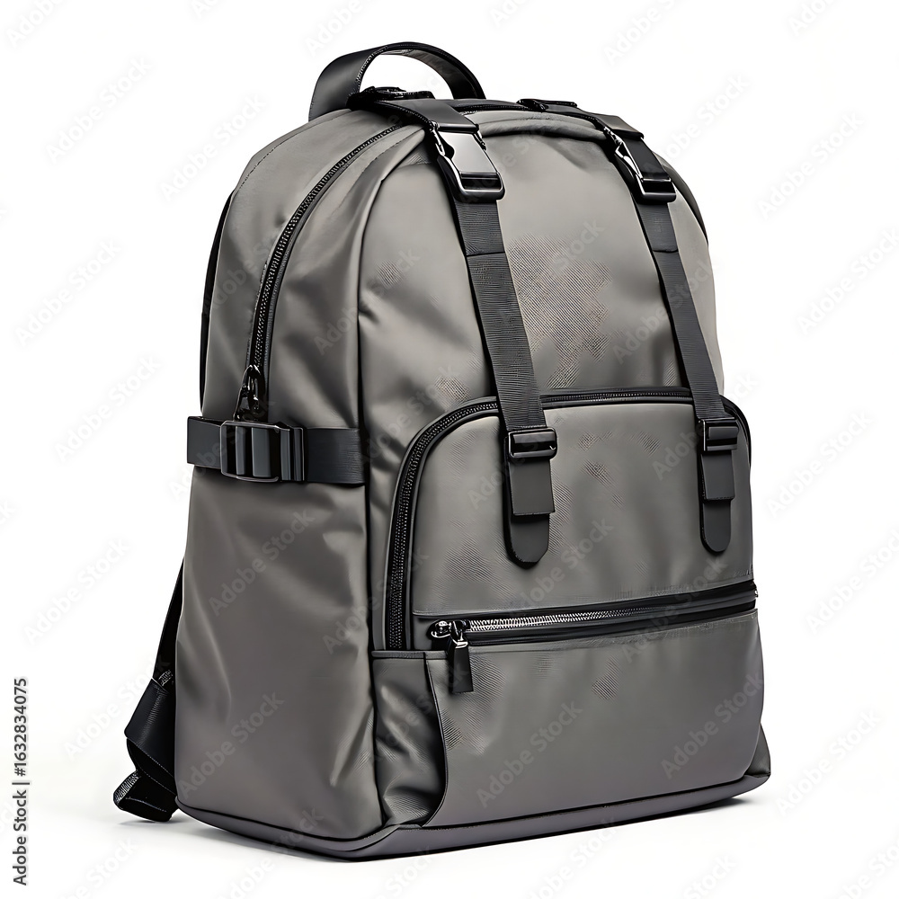 Naklejka premium A gray backpack with black straps and zippers on a white background in a studio setting
