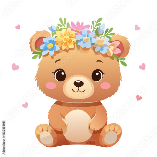 花の冠をかぶったキュートなクマのイラスト
