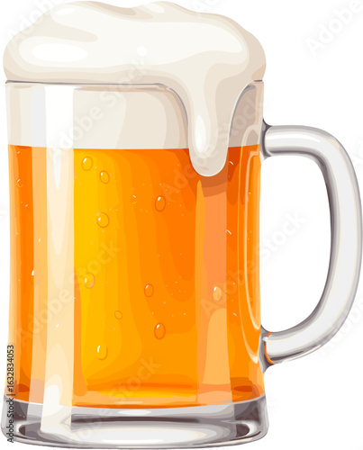 Refreshing frosty beer mug with foamy head in a clear glass.