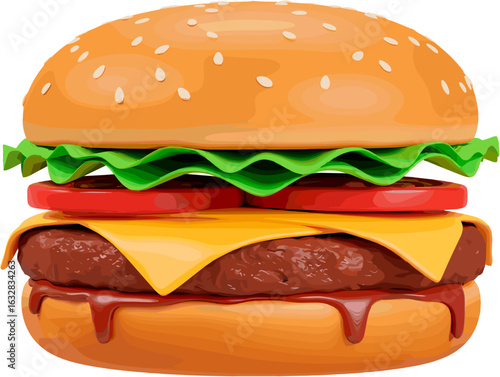 Delicious cartoon burger illustration with fresh ingredients