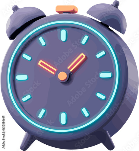 Stylized purple alarm clock with neon accents illustration on white background