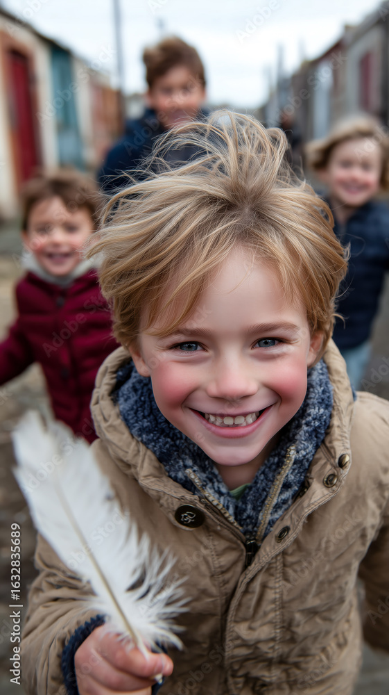 Obraz premium Joyful boy with feather leads playful chase through neighborhood, radiating childhood happiness. Smiling and laughing with friends.