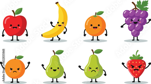Cartoon fruit characters with different expressions including happy angry and neutral on white background