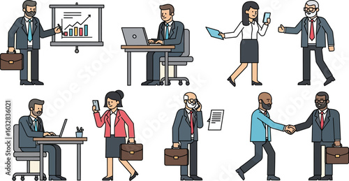 Illustrated business people in various office activities and professional interactions setting scene